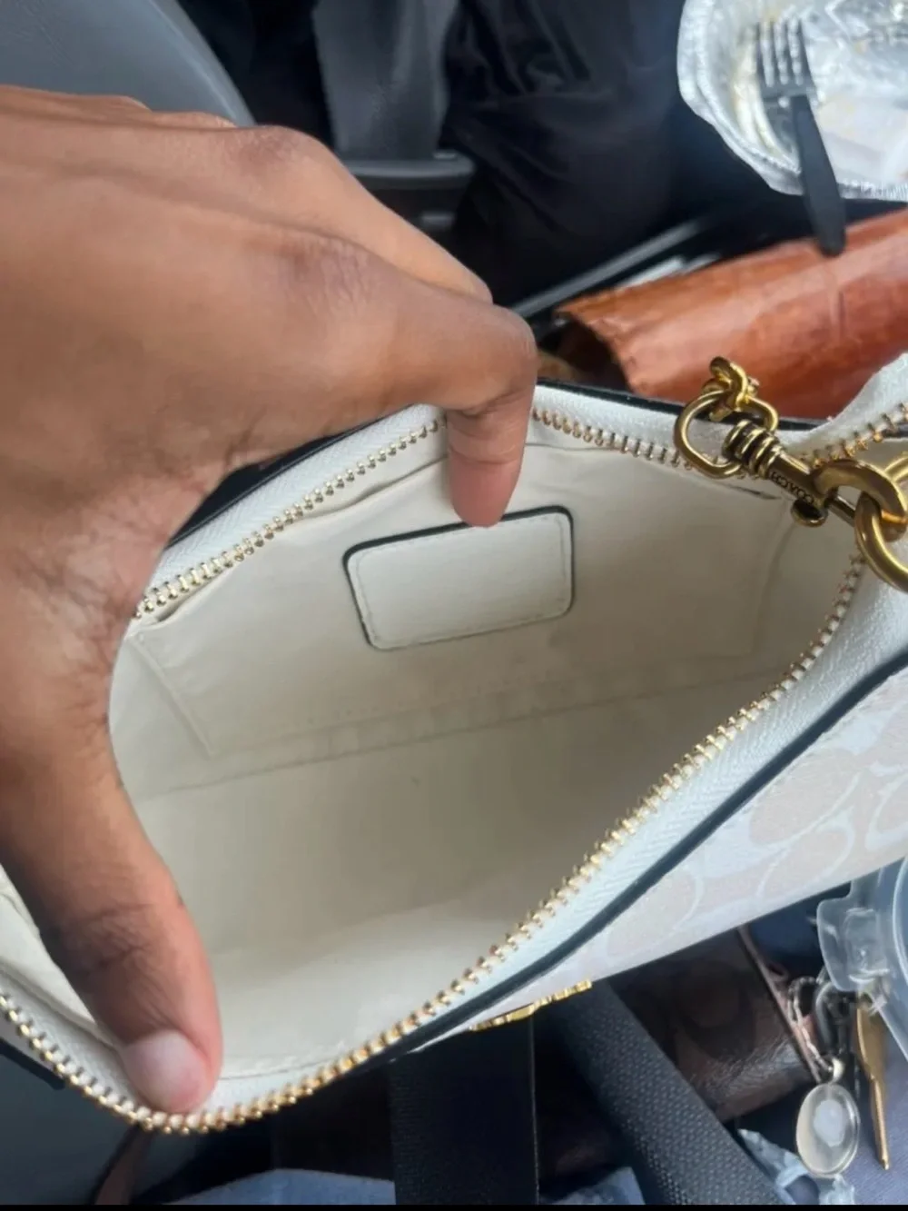 Coach Cream Signature Canvas Shoulder Bag with Gold Chain